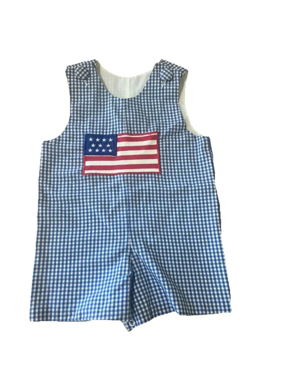 Classic Whimsy Appliqued Flag Romper One piece Size 9mo. Snaps Covered Buttons